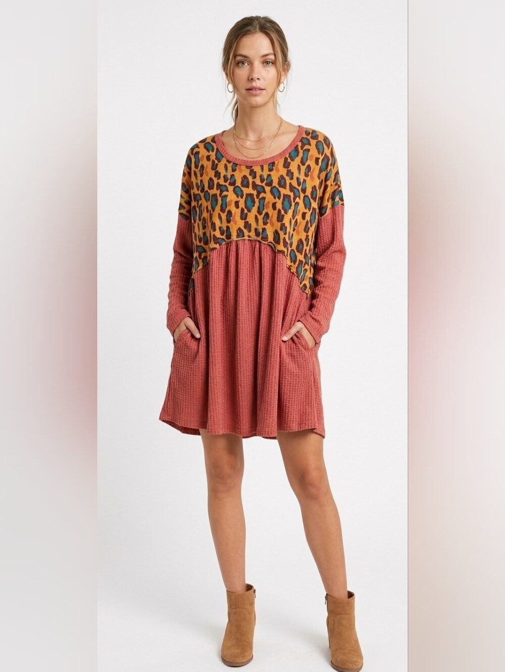 Umgee NWT Leopard Print Waffle Knit Long Sleeve Babydoll Tunic/Mini Dress